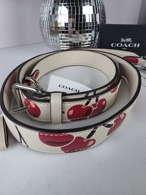 New Coach Cherry Print Leather Bag Strap - Cream & Red